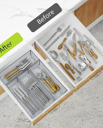 Neudeco Drawer Organizer Set 5 Pack - 4-Compartment Silverware Organizer Tray + 4 Utensil Trays, Kitchen Drawer Organizer for Flatware, Cutlery, Office Supplies, Silver Mesh, Non-Slip,Silver