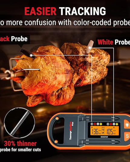 ThermoPro TempSpike Plus 600ft Wireless Meat Thermometer with 2 Color-Coded Probes, Bluetooth Meat Thermometer Wireless with LCD-Enhanced Booster for Food Cooking Grill Smoker