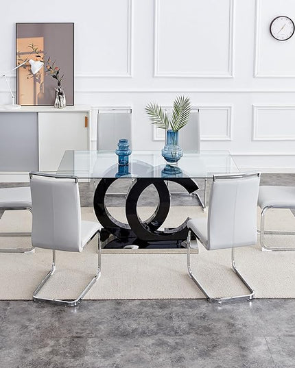 Ebullient Glass Dining Table Set for 6 ，7 Piece Dining Table Set,Tempered Glass Table Top，Modern Dining Room Table with 6 PU Leather Ergonomic Dining Chairs