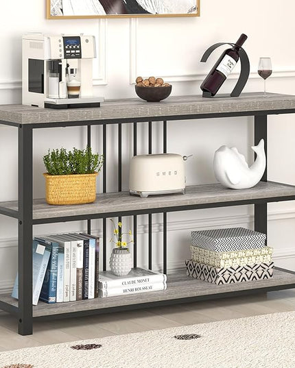 FOLUBAN Console Tables for Entryway, Sofa Table with 3 Tier Storage for Living Room Hallway Foyer Behind Couch, Rustic Light Grey