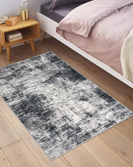 IOHOUZE Small Abstract Area Rug 2x3 Ft Entryway Rugs Washable Door Mat Indoor Entrance, Rubber Backed Throw Rugs, Printed Faux Wool Non Slip Floor Carpet for Foyer Front Door Sink, Black Grey
