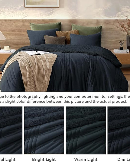 Monbix Fluffy Full Comforter Set Navy Blue, Sherpa Plush Fuzzy Comforter 3 Piece for Full Size Bed, Luxury Soft Winter Warm Bedding Set