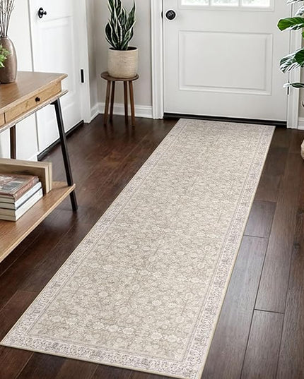 2x7 Washable Runner Rug for Hallways, Cream Beige White Grey Soft Classic Kitchen Rugs with Non-Slip, Non-Shedding Distressed Floral Rug for Hallway Entryway Bedroom Bathroom Laundry Indoor