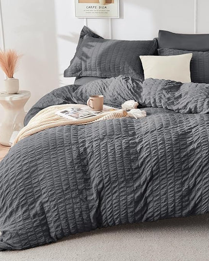HYMOKEGE 7 Piece King Size Comforter Set Seersucker, All Season Luxury Bed in a Bag for Bedroom, Bedding Set with Comforters, Sheets, Pillowcases & Shams, Dark Grey