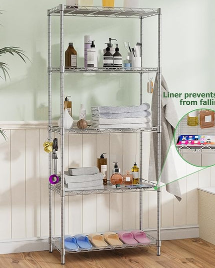 Storage Shelves,21.3" W x 11.8" D x 58.5" H Wire Shelving Unit Loads 550LBS,5-tier Adjustable Metal Utility Shelf,Garage Shelves with Liner and Hooks,Home Storage Rack for Kitchen,Laundry,Pantry