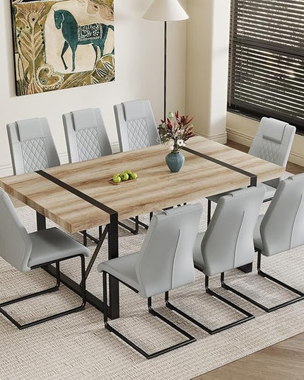 9 Piece Dining Table Set，Dining Room Table Set for 8，71'' Kitchen Table and PU Leather Chairs Set of 8，8 Chair Dining Table Set for Kitchen Dining Room