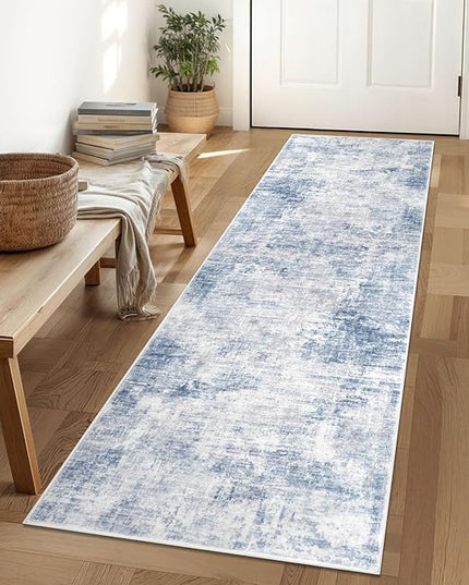 IOHOUZE Abstract Runner Rug 2x6 Ft Washable Runners for Hallways, Non Slip Kitchen Runner Printed Faux Wool Entryway Runner Indoor, Modern Abstract Floor Carpet for Hall Bedroom, Light Blue White