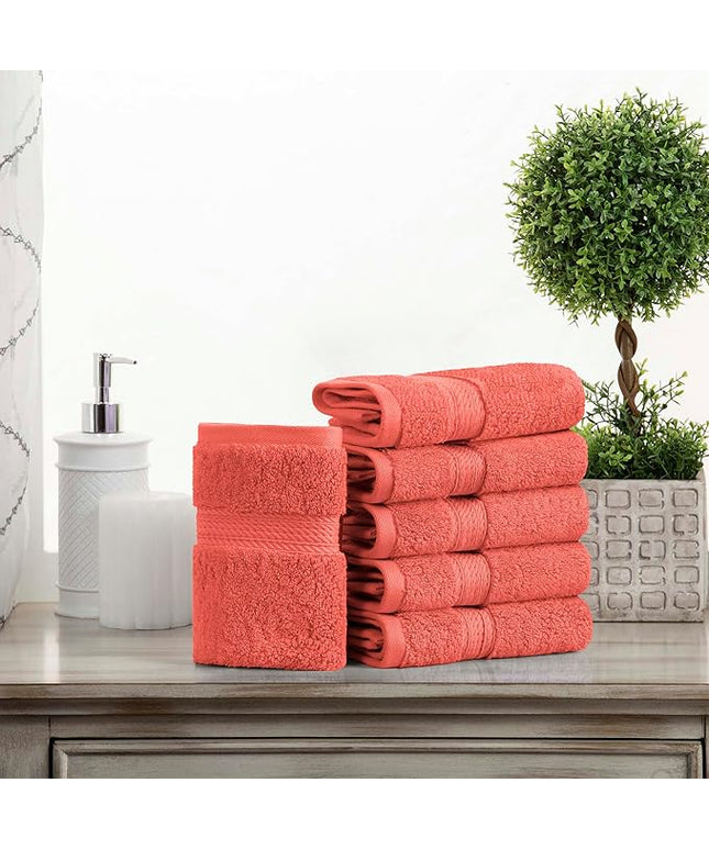 Superior Egyptian Cotton Pile Face Towel/Washcloth Set of 6, Ultra Soft Luxury Towels, Thick Plush Essentials, Absorbent Heavyweight, Guest Bath, Hotel, Spa, Home Bathroom, Shower Basics, Coral