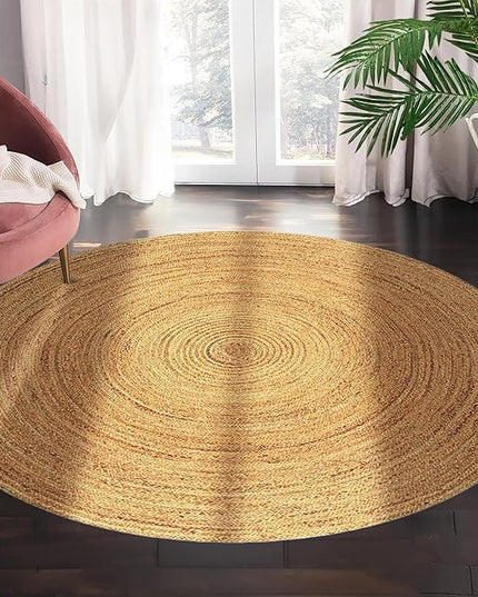 Hand Woven Jute Area Rug - 9' Round - Rustic Beige Reversible Farmhouse Rugs for Living Room, Bedroom, Kitchen - Vintage Natural Braided Entry Floor Décor Circle Boho Round Rugs 9ft