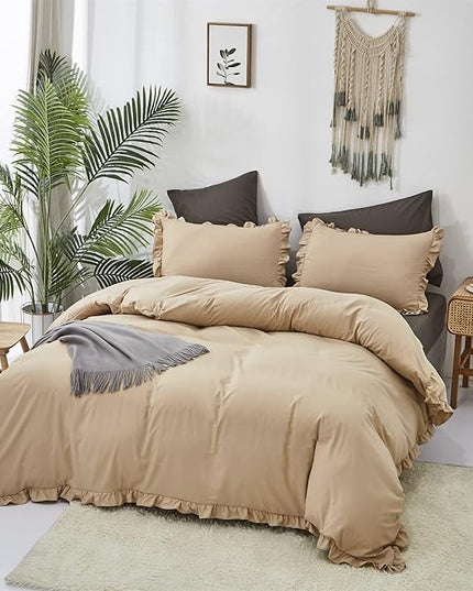 CLOTHKNOW Champagne Ruffles Full Size Comforter Sets 3Pcs Farmhouse Bedding Comforter Sets Soft Taupe Boho Comforter All Season Lightweight