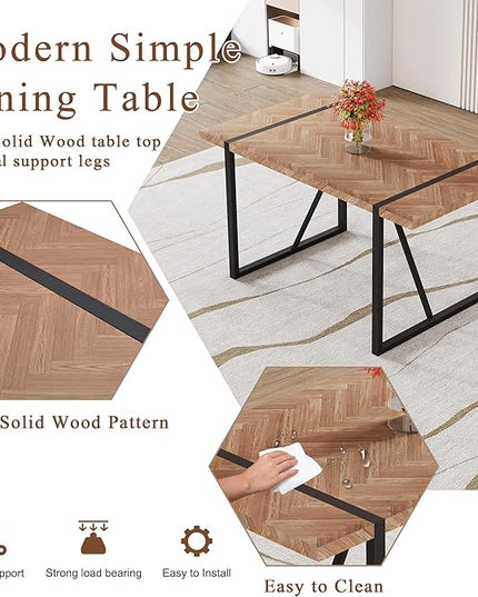 FURNITO 7 Piece Dining Table Set for 6, 55" Wooden Kitchen Table with Upholstered Chairs, Mid Century Modern Rectangular Dining Room Set, Rustic Table and Chairs Set for Kitchen or Living Room