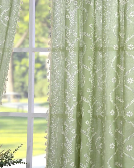 Green Linen Sheer Curtains 63 Inch Length, Boho Farmhouse Floral Curtains 2 Panels, Vintage Cottage Core Western Curtain Drapes, Sage Green