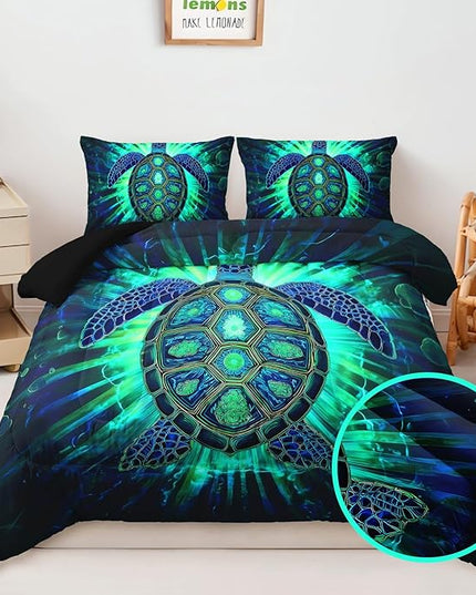 AILONEN Sea Turtle Comforter Set Full Size,Green Blue Turtle Boho Bedding Set for Room,Lightweight Microfiber Duvet with 2 Pillowcases