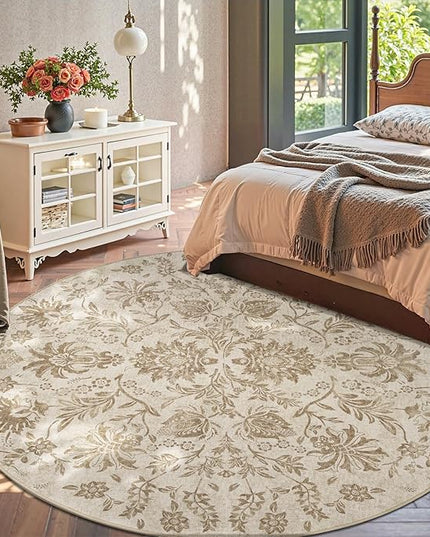 jinchan Torino Classic Floral Round Rug 8ft, Vintage-Inspired Neutral Design 8’Circle Rug, Machine Washable Ultra-Thin Low-Pile Non-Slip Indoor Carpet for Bedroom Dining Room Living Room, Taupe