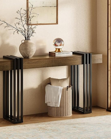 63" Long Console Table for Entryway - Behind Couch Table for Living Room, Wood Sofa Tables with Black Parallel Metal Frame & Power Outlet for Hallway, Entrance, Narrow Foyer, Walnut