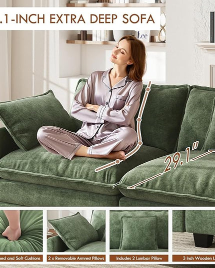 WorthFurni 77 Inch L Shape Cloud Sofa, Modular Sectional Couch with Ottoman, Comfy Chenille Deep Seat Loveseat with Pillow for Living Room Bedroom Apartment (Green)