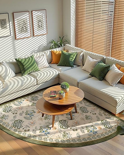 jinchan Elora Floral Corner Rug for Living Room Washable Bedroom Rug Vintage Romance Christmas Design Non Slip Quarter Circle Lightweight Low-Pile Throw Carpet for Reading Nook 6ft Radius Green/Beige