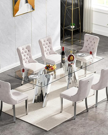 7 Piece Dining Table Set with 6 Beige Dining Chairs, Modern Glass Kitchen Table and Chairs Set for 6, 70" Rectangle Silver Glass Pedestal Dining Room Tables with Flash-Shape Stainless Steel Base