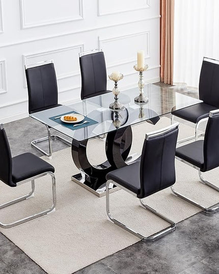 Ebullient Dining Table Set for 6 ，7 Piece Dining Table Set,Tempered Glass Table Top，Modern Dinner Room Table with 6 PU Leather Ergonomic Dining Chairs
