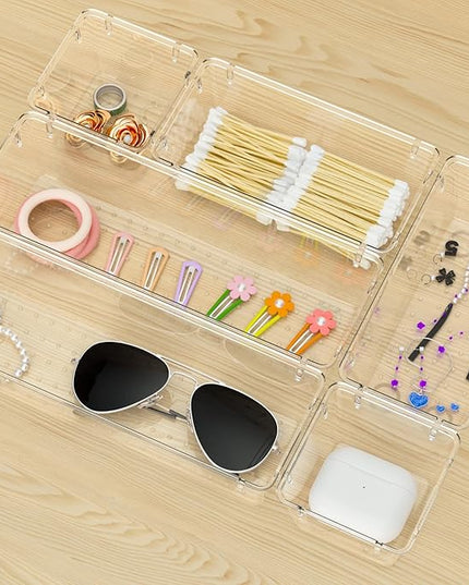 WOWBOX 12 Pack Clear Drawer Organizer Set, Acrylic Drawer Storage Trays, Storage Bins for Makeup, Cosmetics, Jewelries, Utensils, Gadgets, Office