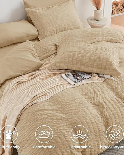 HYMOKEGE Khaki California King Comforter Set Seersucker 7 Pieces, All Season Luxury Bed in a Bag for Bedroom, Bedding Set with Comforter, Sheets, Pillowcases & Shams