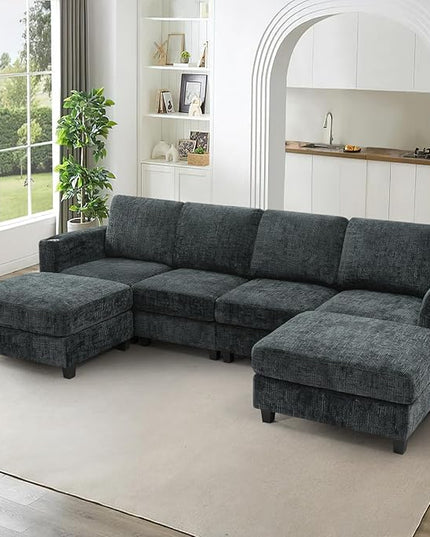 110" Chenille U-Shape Sofa with Flexible Ottomans, Comfy Sectional Sofa with 2 Built-in Cup Holders, Convertible 4 Seats Couch with Well-Filled Back Cushions for Living Room, House, Grey