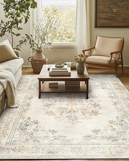 jinchan Vintage Floral 8x10 Area Rugs for Living Room - Machine Washable Distressed Design Soft Throw Rug Thin Non-Slip Large Carpet for Bedroom Nursery Dining Room Home Office (8x10ft,Light Grey)