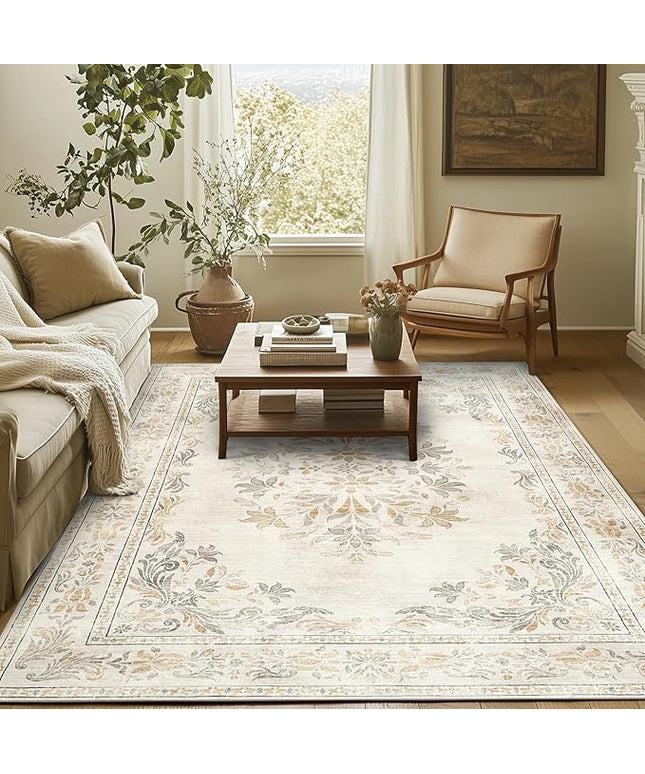jinchan Vintage Floral 5x7 Area Rugs - Machine Washable Distressed Design Soft Ultra-Thin Low-Pile Non-Slip Carpet for Kitchen Bedroom Nursery Living Room Dining Room Home Office (5x7ft, Light Grey)