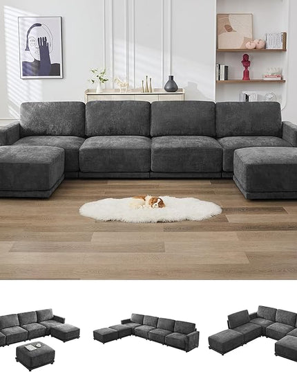 143.8" Modular Sectional Sofa Modern Chenille U Shaped Couch with Thickened Seat Cushions, Easy Assembly, Upholstered 6 Seater Couch with 2 Movable Ottomans for Living Room, Grey