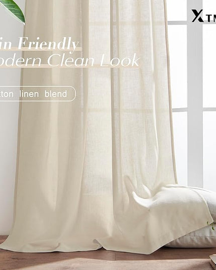 XTMYI Tan Beige Curtains 84 Inches Long for Living Room,Sheer Linen Hooks Pleated Back Tab Light Filtering Semi Opaque Curtains for Bedroom,Set of 2 Panels