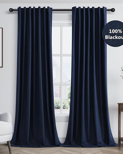 Guken Navy Blue Linen Blackout Curtains 108 Inch Length 2 Panels Set for Living Room Bedroom Back Tab Thermal Insulated 100% Black Out Linen Drapes Room Darkening Window Curtains 108 Inches Long