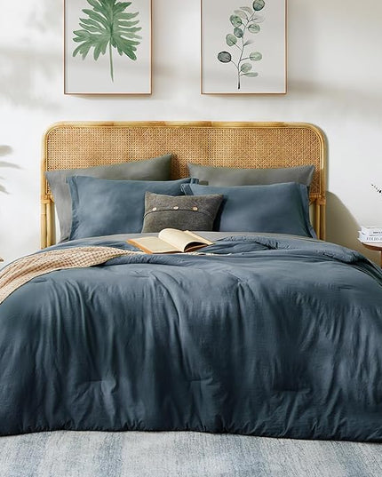 WRENSONGE Queen Comforter Set - 7 Pieces Blue Grey Bed in a Bag Queen with Sheets, 2 Pillow Shams, and 2 Pillowcases- Warm Bedding Sets Queen for All Season