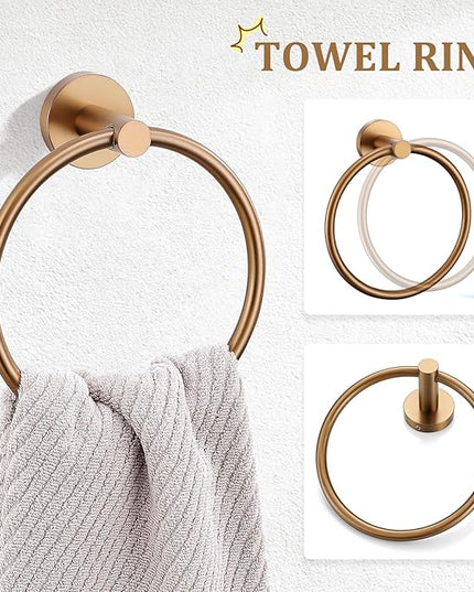 TURS Brushed Rose Gold 5 Piece Bathroom Hardware Set, SUS304 Stainless Steel 23.6 Inch Bath Towel Bar Set, Round Bathroom Accessories Kit Wall Mounted