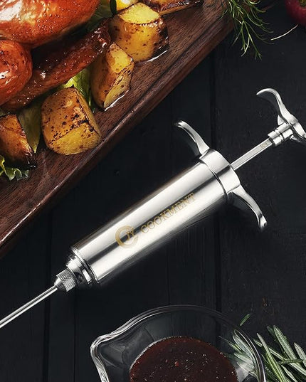 JY COOKMENT Meat Injector Syringe - Flavor Injector with 3 Stainless Steel Professional Needles;2pcs Cleaning Brush for BBQ Grill Smoker 2-oz Large Capacity Barrel