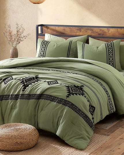 MaiRêve Embroidery King Size Comforter Set Light Olive Green, Farmhouse Western Boho Bedding Set 7 Pieces, All Season Bed in A Bag Comforter Set with Sheets, Pillowcases & Shams
