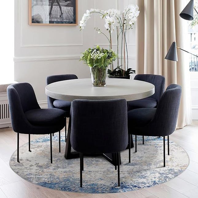 Modern Abstract 8x8 Round Area Rug Non Slip Non Shedding Rug Low Pile Stain Resistant for Bedroom Living Room Office Dining Room,Blue/Grey