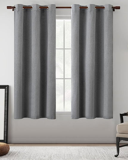Total Blackout Grey Linen Textured Curtains for Bedroom, Thermal Insulated Entryway Cottage Short Drapes 64 Inch, Farmhouse Grommet Top Curtains for Small Window, Grey, W37 x L64, 2 Panels