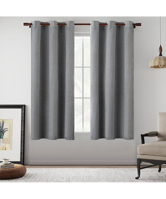 Total Blackout Grey Linen Textured Curtains for Bedroom, Thermal Insulated Entryway Cottage Short Drapes 64 Inch, Farmhouse Grommet Top Curtains for Small Window, Grey, W37 x L64, 2 Panels
