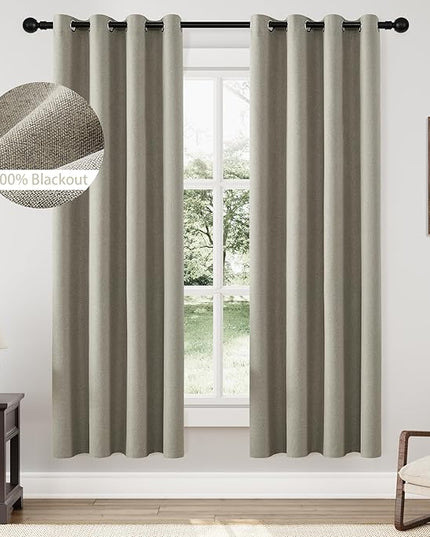 ChrisDowa 100% Blackout Sand Solid Curtains 72 Inches Long 2 Panels for Bedroom Living Room,Farmhouse Room Darkening Thermal Insulated Soundproof Grommet Top Window Treatment Drapes,52x72