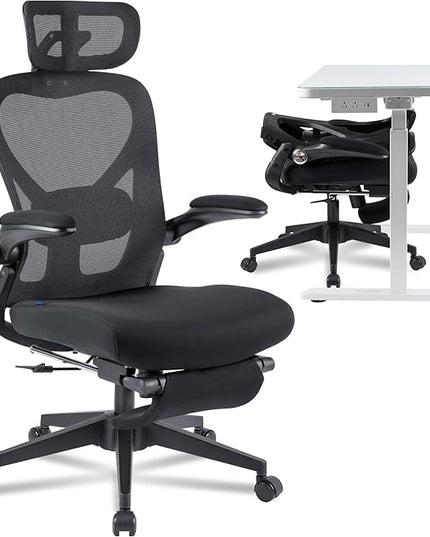 FLEXISPOT Foldex Ergonomic Office Chair, Folding Chair for Small Spaces with Lumbar Support, Flip-up Armrests, 3D Headrest, Desk Chairs with Footrest for Work,Video Game (Foam Black)