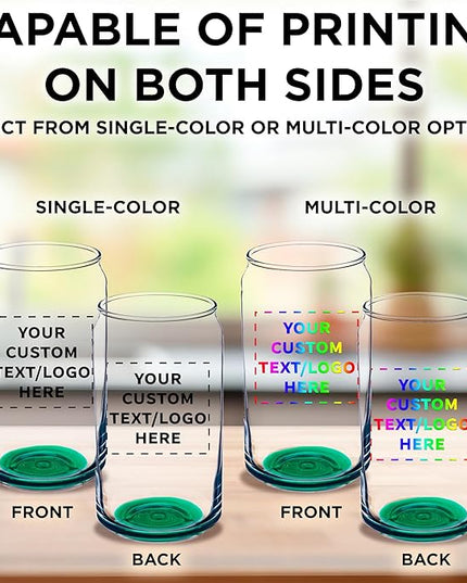 Custom Beer Can Glasses Set of 100, 16 oz. Pint Sized, Promotional Text, Logo, Soda Can Shape, Glassware, Green