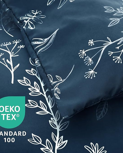 MUXHOMO Navy Blue Full Comforter Set, Elegant Floral Print Bed in a Bag 7 Pieces, Ultra Soft & Breathable Reversible Botanical Pattern Bedding Set with Comforter, Sheets, Pillowcases, and Shams