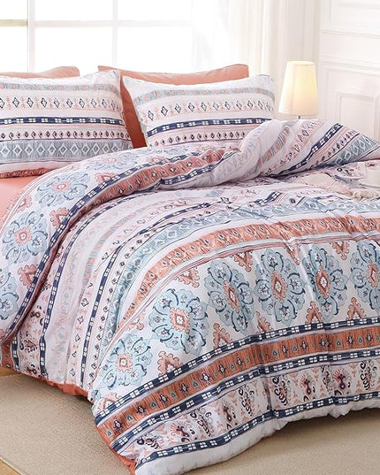 MUXHOMO Boho Pink Bed in a Bag Queen 7 Pieces, Queen Comforter Set Reversible Botanical Flowers Design, Ultra Soft & Breathable Bedding Sets with Comforter, Sheets, Pillowcases & Shams