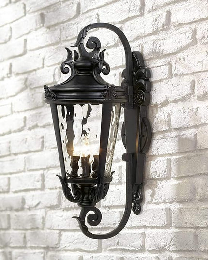 John Timberland Marseille Rustic Vintage Outdoor Wall Light Fixture Textured Black Scroll 27 1/2" Hammered Glass for Exterior House Porch Patio Outside Deck Garage Yard Front Door Garden Home