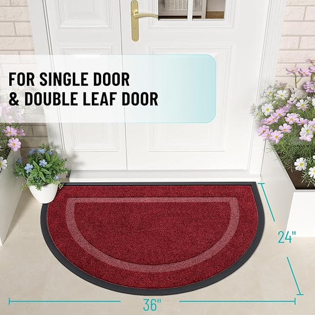 OLANLY Half Circle Door Mat Indoor Outdoor Entrance Welcome, Waterproof All-Season, All-Weather Doormat, Sturdy Natural Rubber, Low Profile, Easy Clean Patio Porch Entryway Mat, 36x24, Wine Red