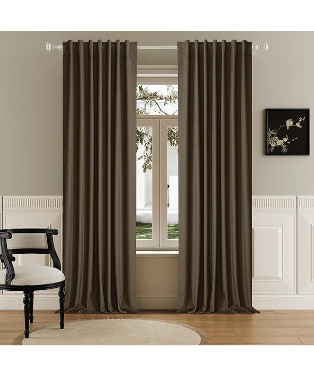 DUALIFE Brown Linen Full Blackout Curtains 108 Inch Length 2 Panels Set for Living Opaque Privacy Back Tab Thermal Insulated 100% Black Out Room Darkening 9ft Window Curtain Drapes 108 Inches Long