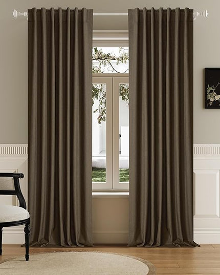 DUALIFE Brown Blackout Curtains 102 Inch Length 2 Panels Set for Living Room Bedroom Rod&Back Tab Thermal Insulated 100% Black Out Linen Drapes Room Darkening Window Curtains 72" x 102"