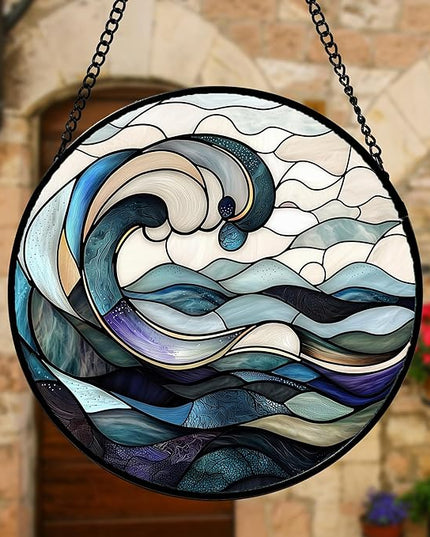 Stained Glass Window Hanging, Ocean Waves Sun Catchers Diamond Glass Panel Hangings Abstract Suncatcher Decor for Birthday for Women, Men, Wife, Aunt, and Mom 6.3 in