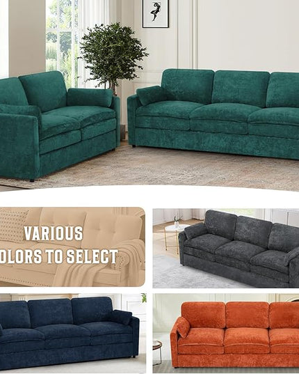 89" Chenille 3 Seats Sofa with 2 Pillows, Modern Upholstered Sofa with Deeper Seats, Comfy Sofa with Thickened Cushions for Living Room, Apartment, Teal