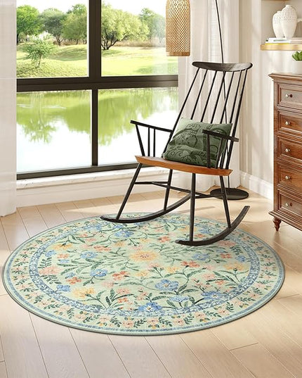 Wonnitar Washable Round Area Rug, 5ft Green Floral Round Rug Boho Soft Circle Carpet, Non Slip Low Pile Circle Accent Carpets for Kitchen Living Room Entryway Bedroom